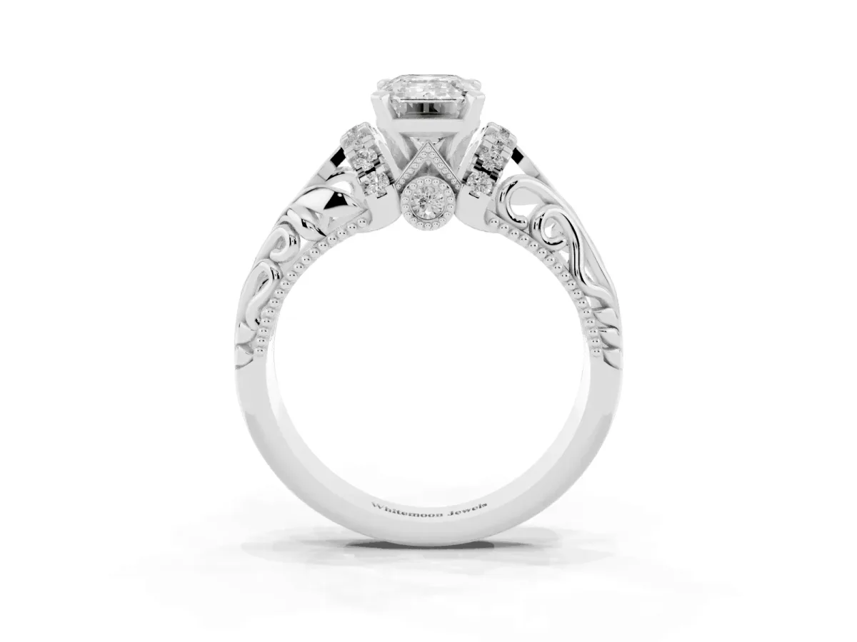 Emerald Cut Solitaire Filigree Engagement Ring with Halo and Prong Setting Platinum
