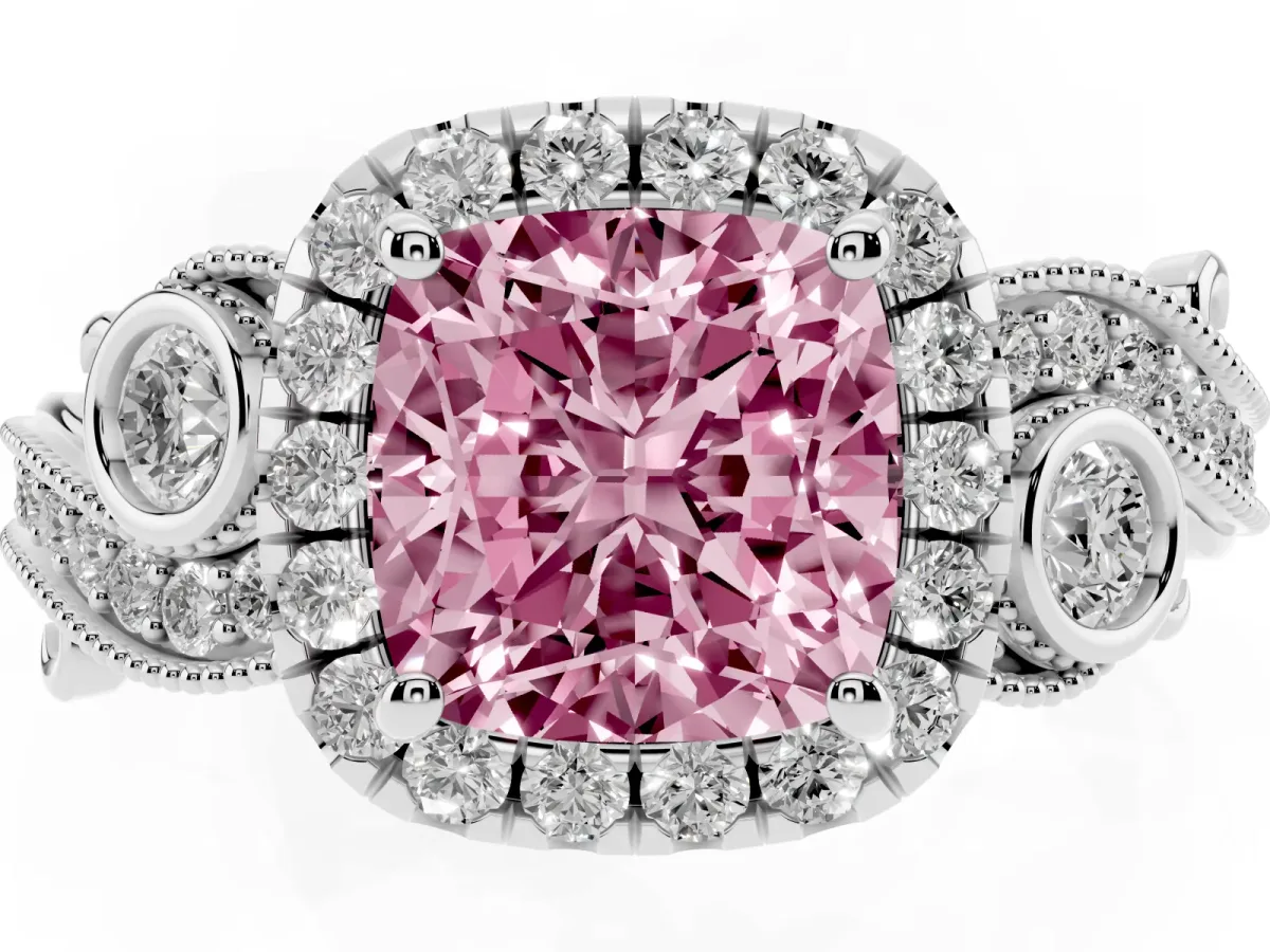 Fancy Pink Cushion Cut Halo Diamond Ring with Milgrain and Bezel Accents on a Split Shank Band Silver