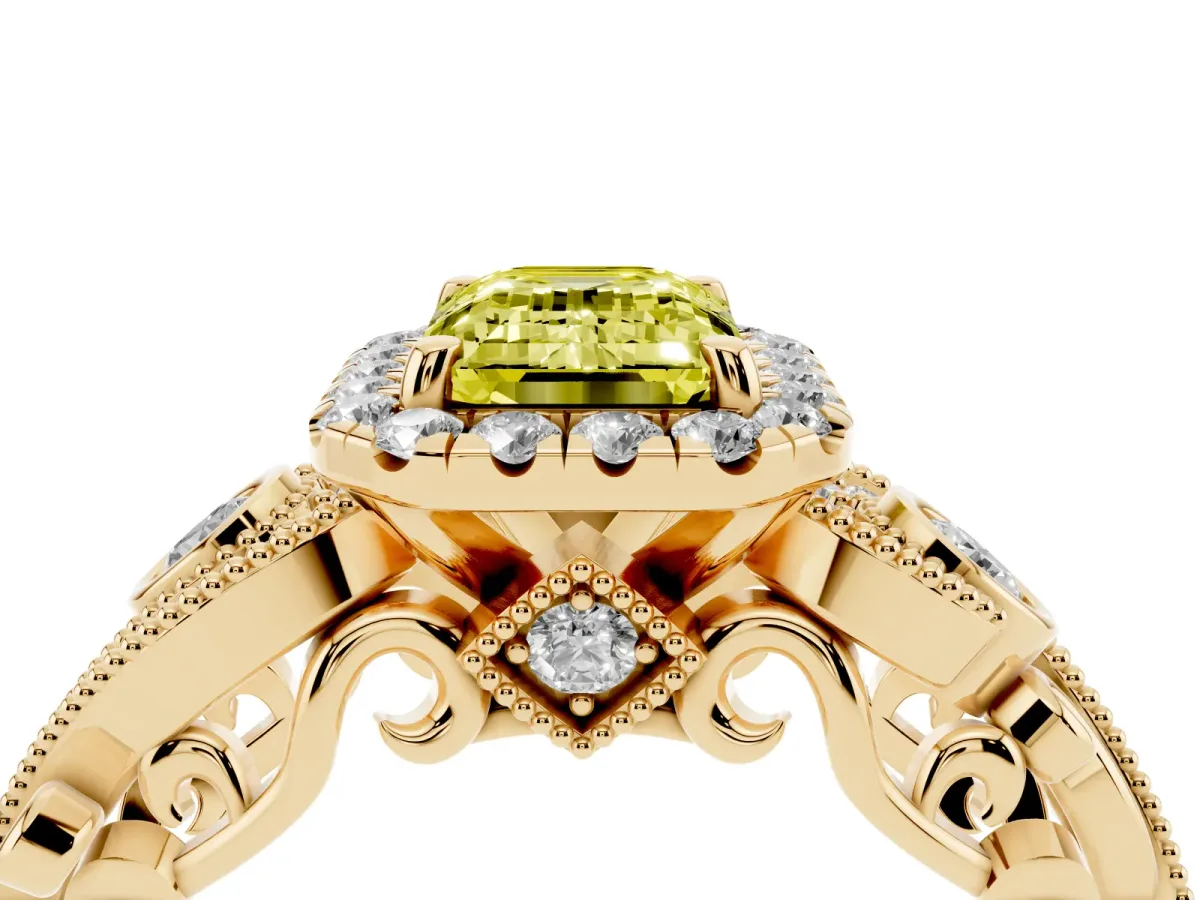 Fancy Yellow Emerald Cut Halo Diamond Ring with Milgrain and Bezel Accents on a Split Shank Band Yellow gold