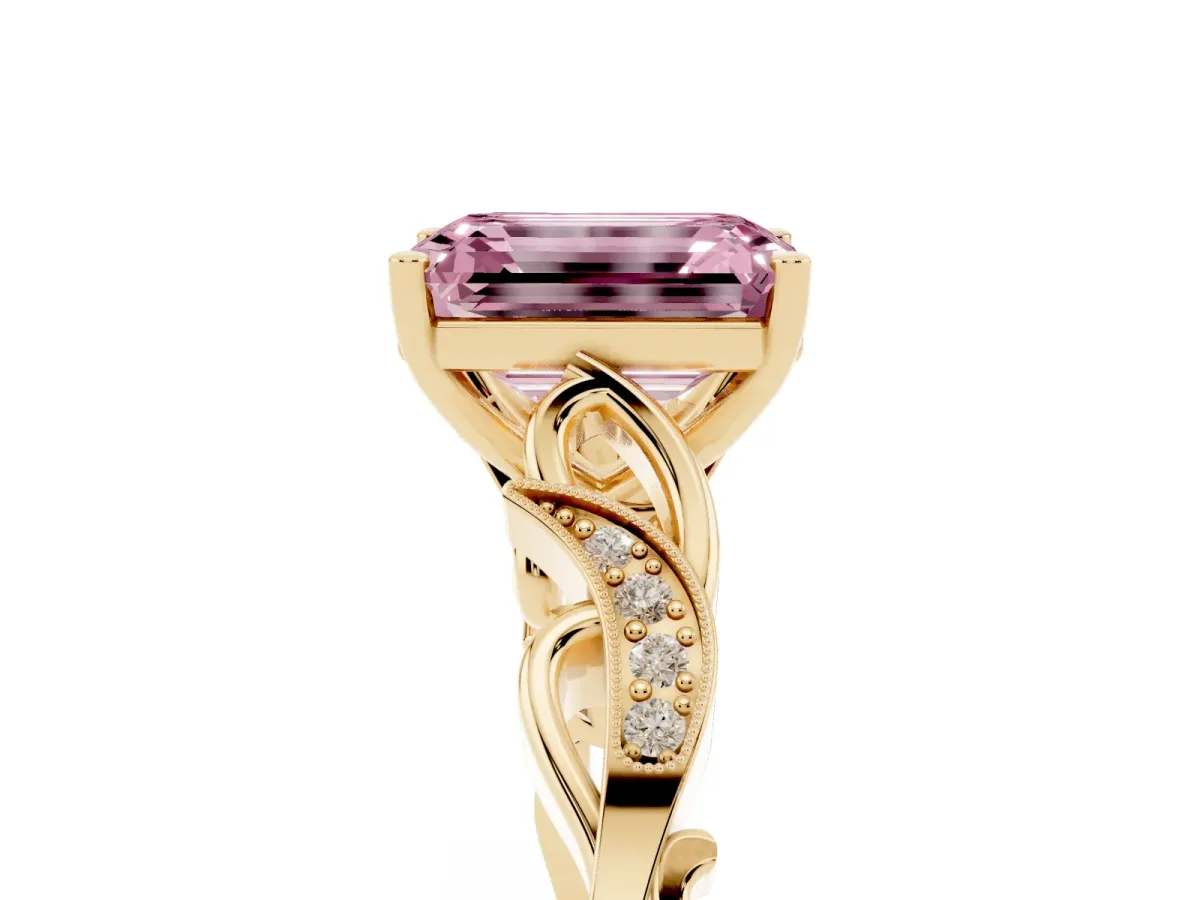 Fancy Pink Emerald Cut Solitaire Vine Band with Milgrain Prong Setting Yellow gold