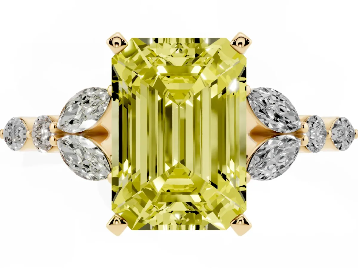 Fancy Yellow Emerald Cut Diamond Solitaire Ring with Side Stones and Four-Prong Setting Yellow gold