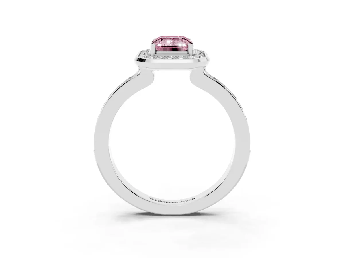 Fancy Pink Emerald Cut Diamond Halo Ring with Bezel Frame and Pavé Band Silver