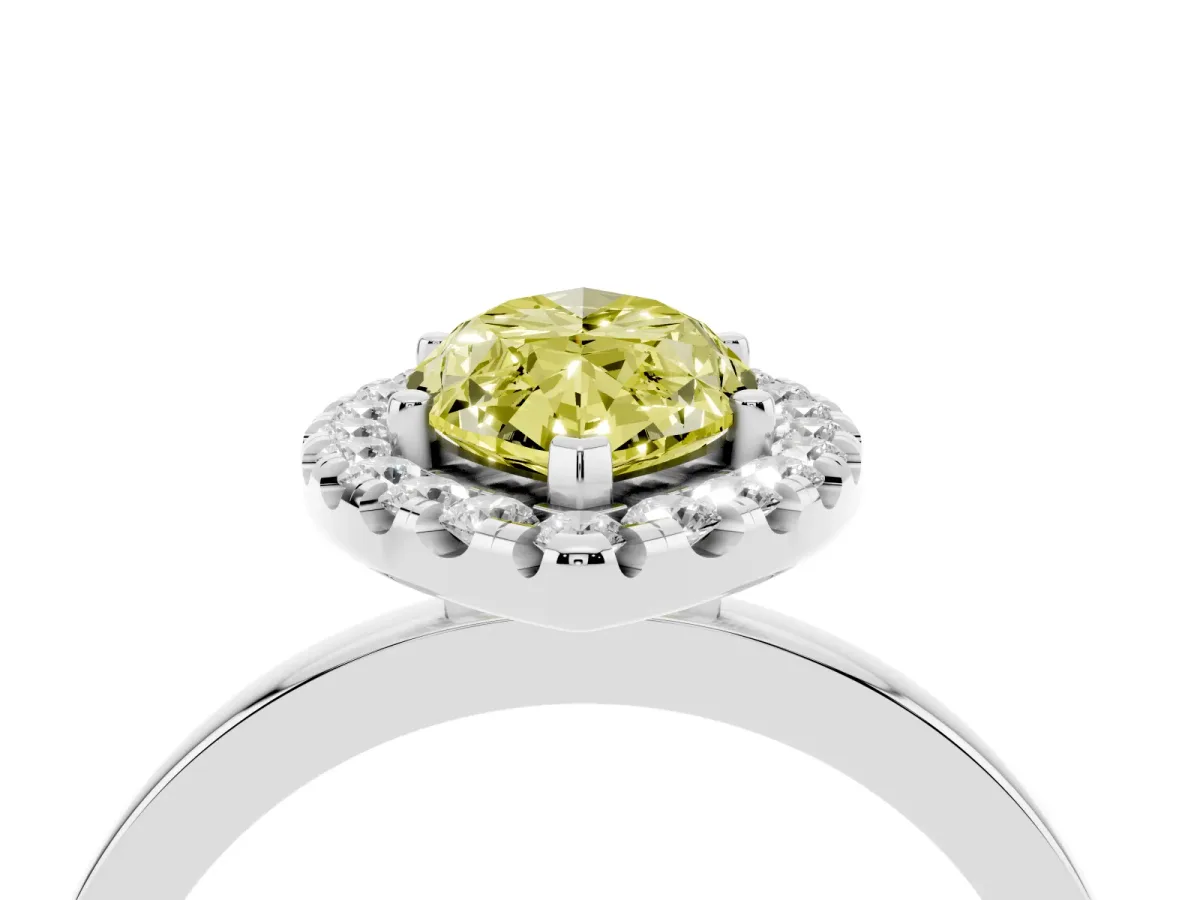 Fancy Yellow Marquise Cut Halo Diamond Solitaire with Pavé Band and Four-Prong Setting White gold