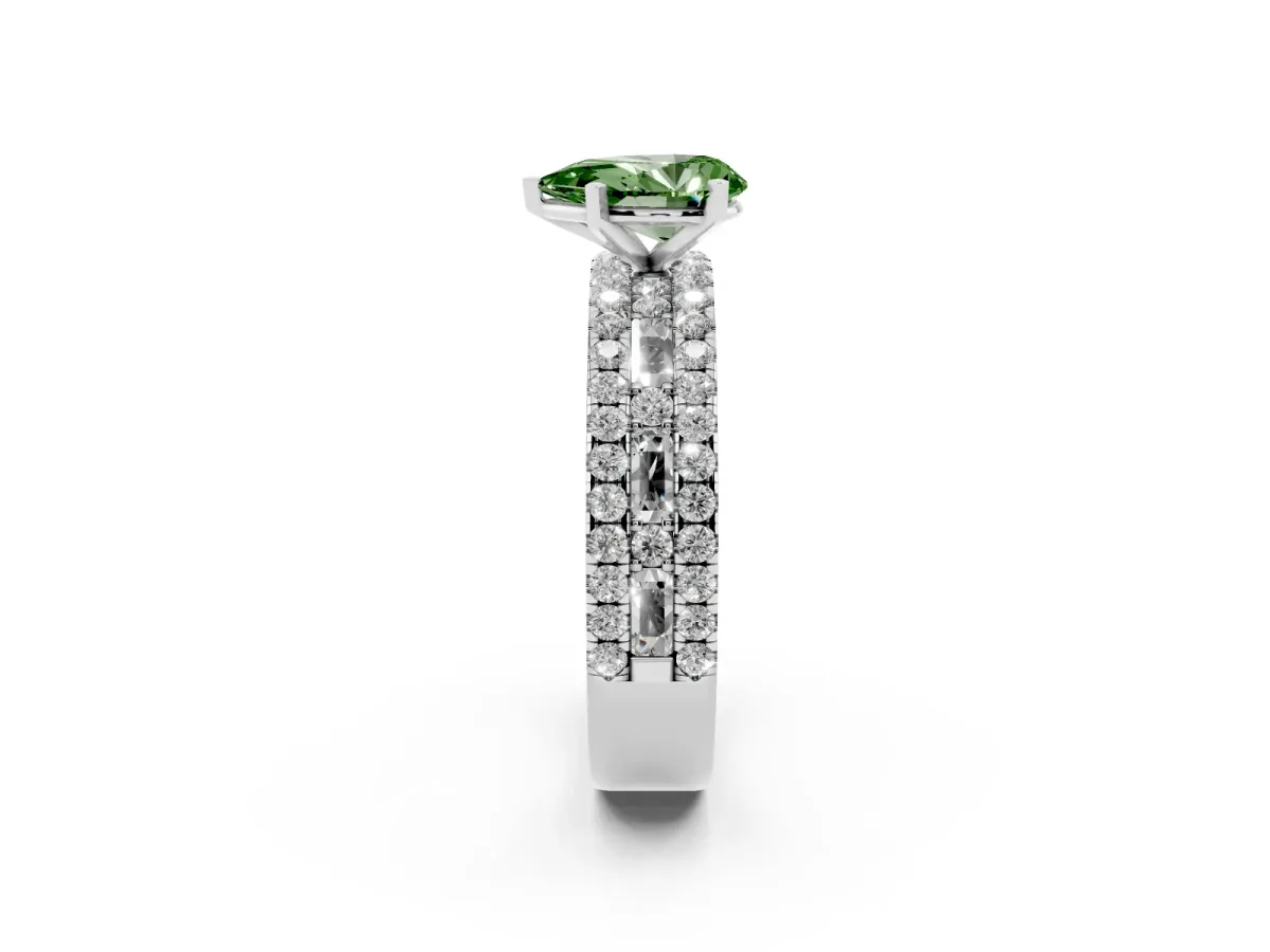 Fancy Green Pear Cut Diamond Solitaire Ring with Pavé and Channel Set Band Silver