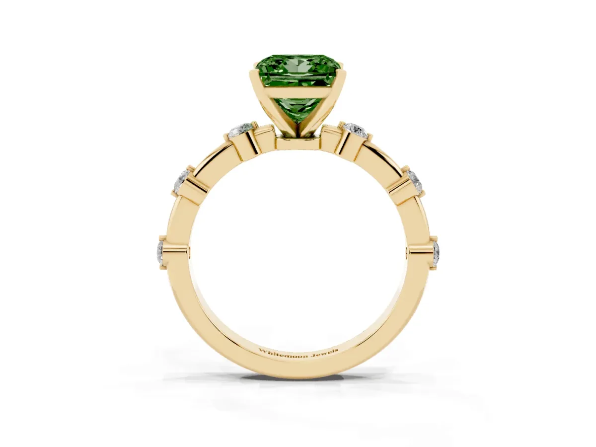 Fancy Green Princess Cut Solitaire Diamond Ring with Bezel Set Side Stones and Prong Setting Yellow gold