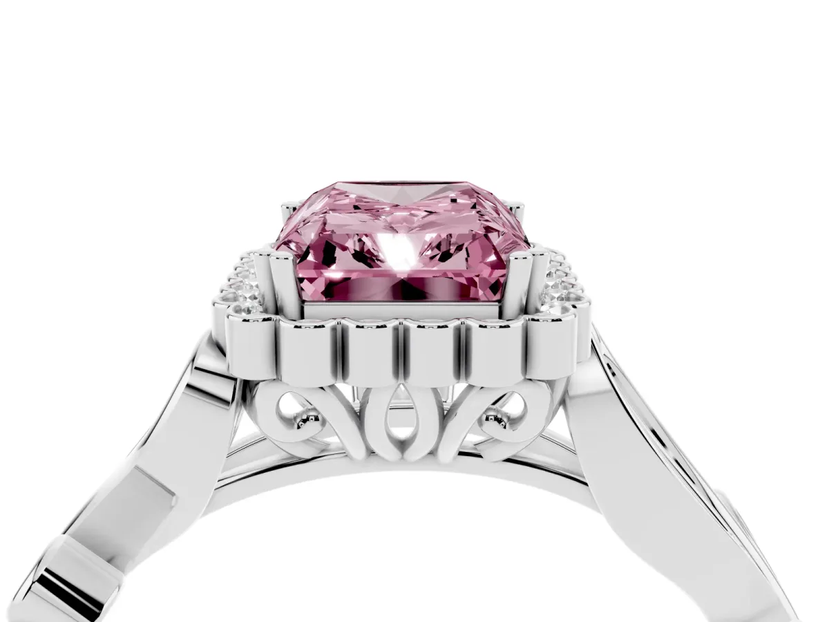 Fancy Pink Radiant Cut Diamond Halo Ring with Vintage Split Shank and Four-Prong Setting Silver