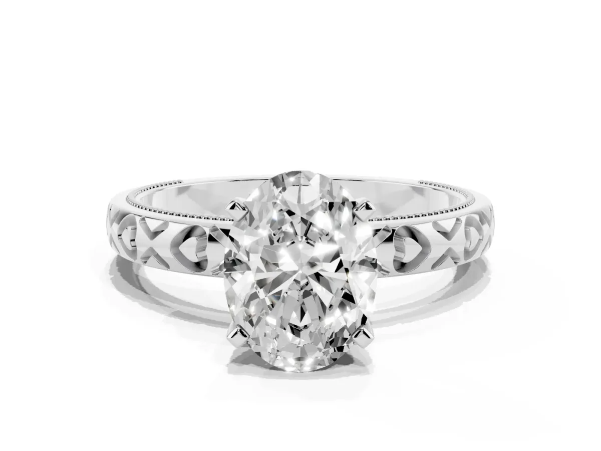 Oval Cut Solitaire Diamond Engagement Ring with XO Engraved Band and Four-Prong Setting Platinum