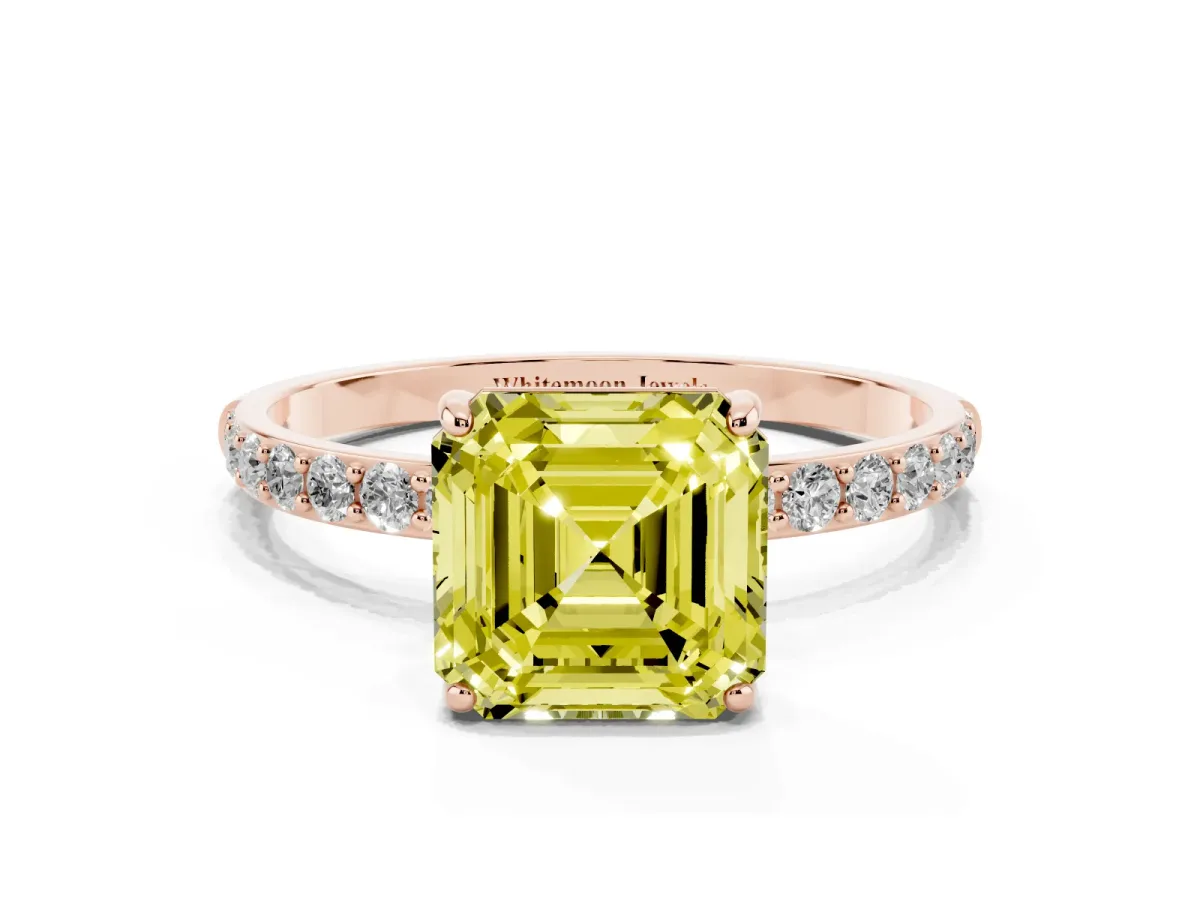 Fancy Yellow Asscher Cut Diamond Solitaire Ring with Round Pavé Shoulders and Prong Setting Rose gold