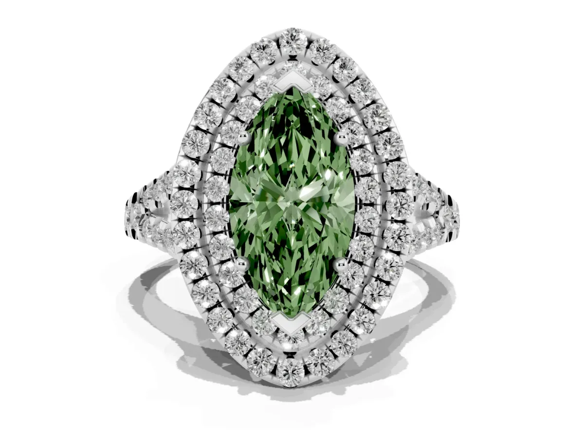 Fancy Green Double Halo Marquise Cut Diamond Pavé Split Shank Ring with Prong Setting Platinum