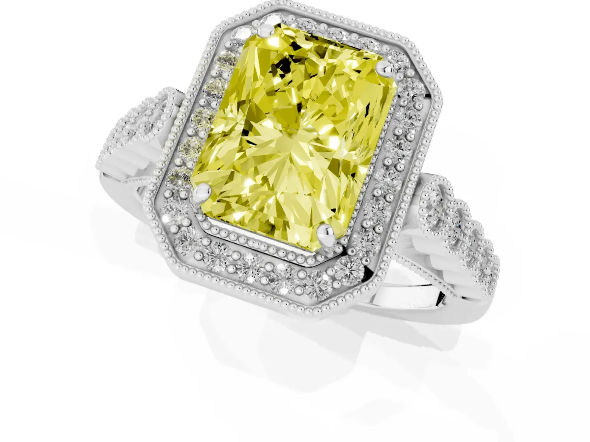 Fancy Yellow Radiant Cut Halo Milgrain Solitaire with Bezel Set Side Stones and Pave Band Platinum