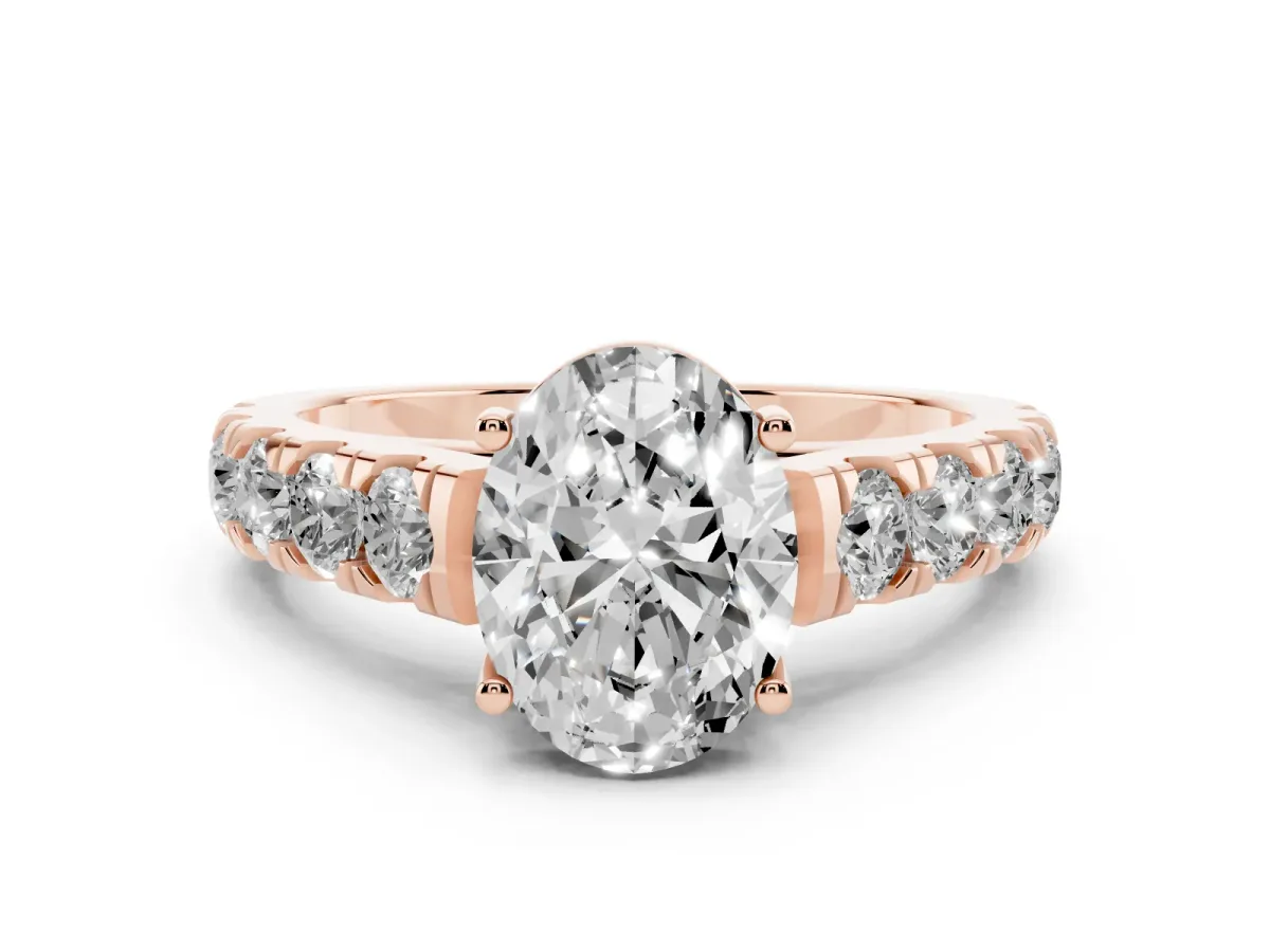 Oval Cut Cut Diamond Solitaire Ring with Micro Pave Band and Prong Setting Rose gold