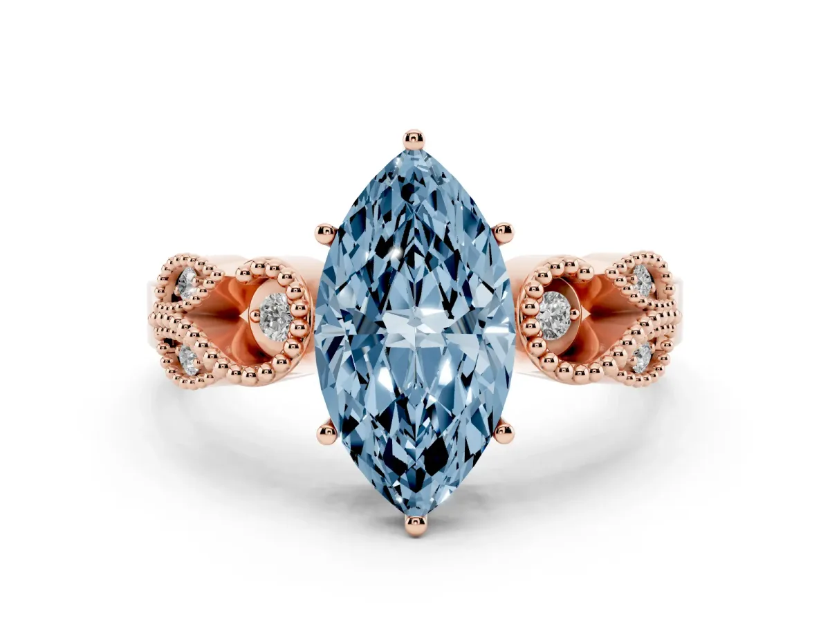 Fancy Blue Marquise Cut Solitaire Milgrain Leaf Band with Prong Setting Rose gold