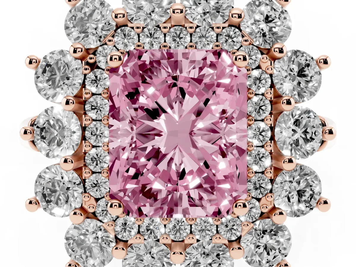 Fancy Pink Radiant Cut Diamond Floral Double Halo Engagement Ring with Prong Setting Rose gold