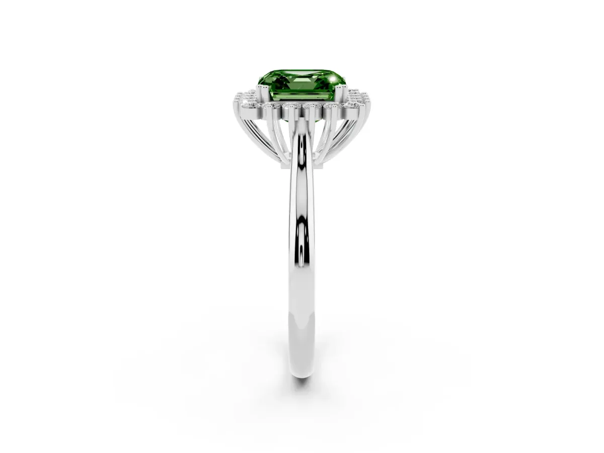 Fancy Green Asscher Cut Cut Diamond Halo Ring with Solitaire Band and Prong Setting Silver