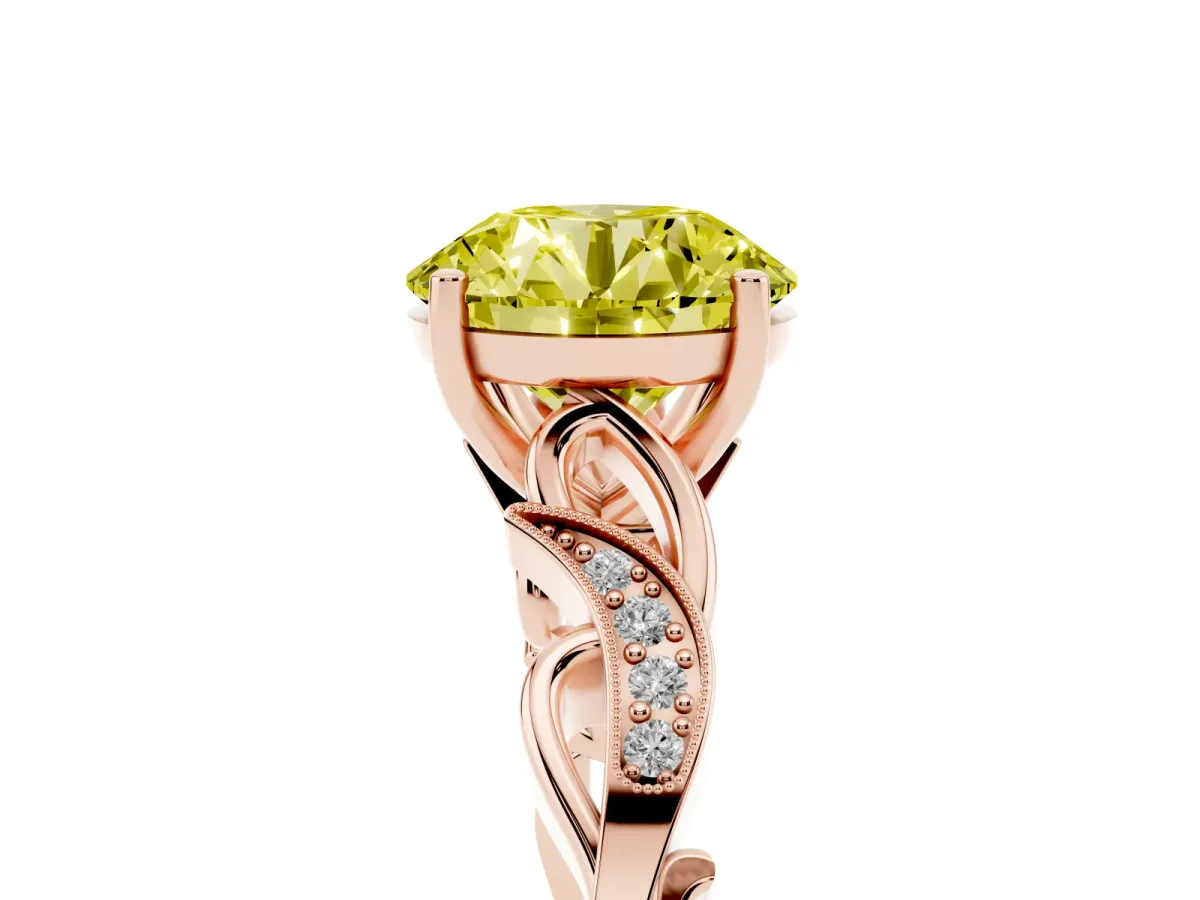 Fancy Yellow Round Cut Solitaire Vine Band with Milgrain Prong Setting Rose gold