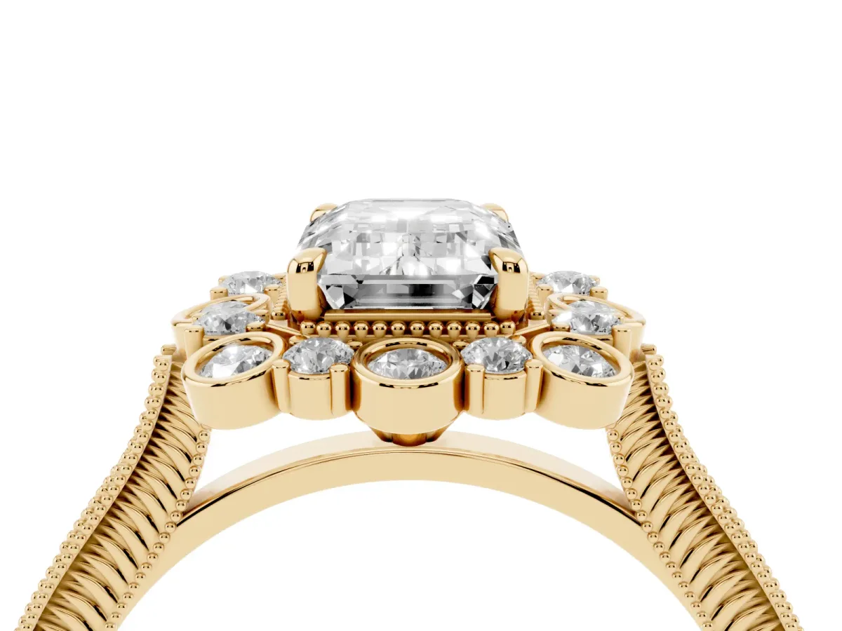 Emerald Cut Halo Milgrain Pave Diamond Ring with Four-Prong Setting Yellow gold
