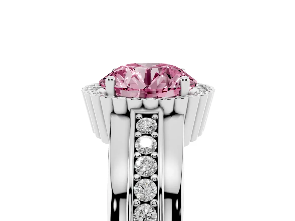 Fancy Pink Round Cut Cut Halo Pave Band Four-Prong Ring Platinum
