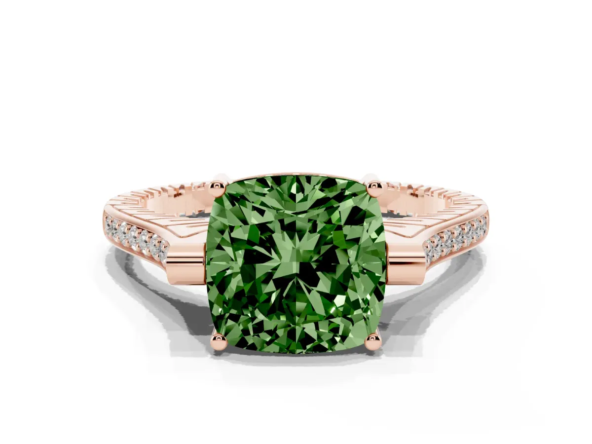 Fancy Green Cushion Cut Solitaire Diamond Ring with Channel Set Band and Bezel Prong Setting Rose gold