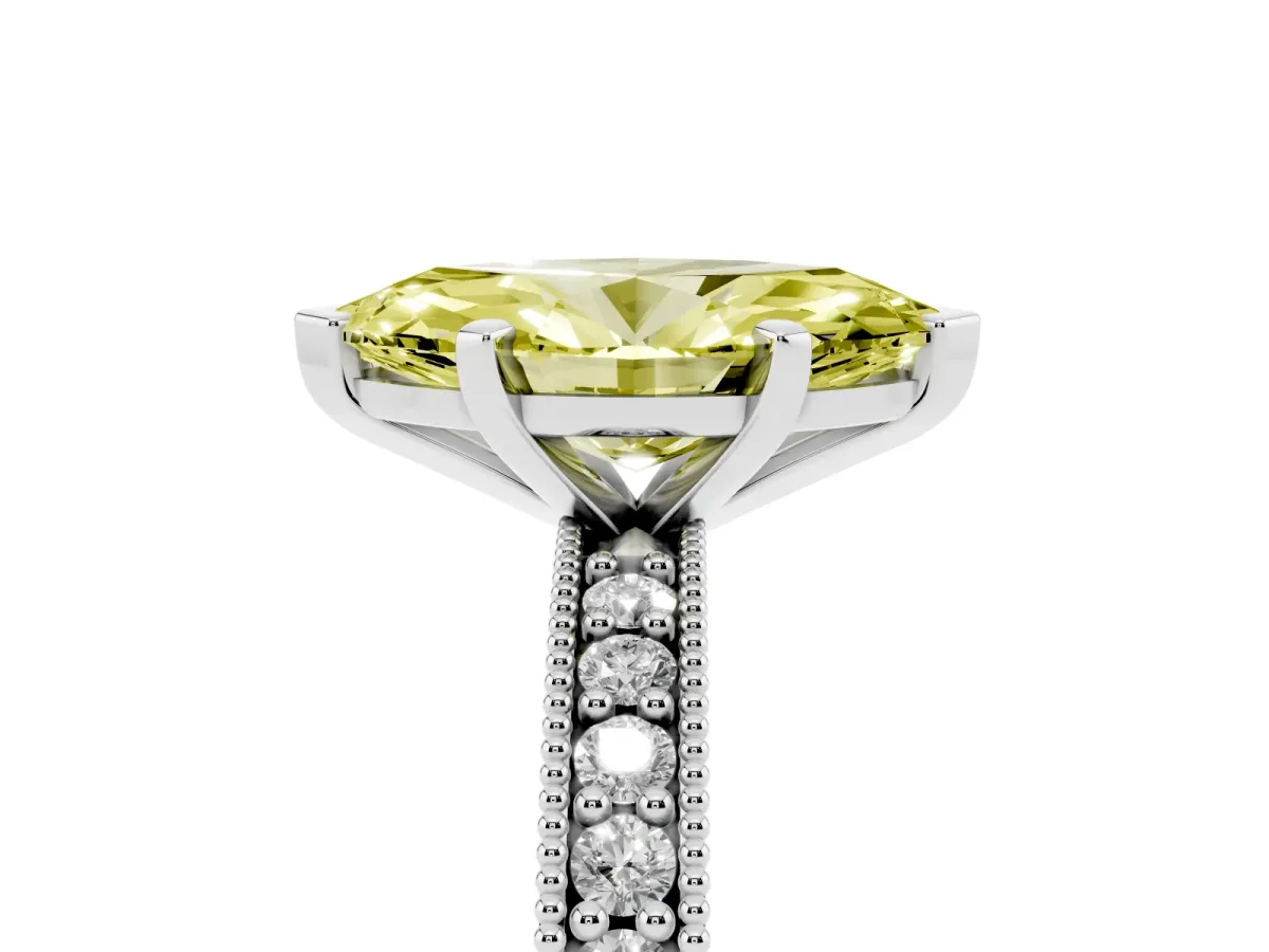 Fancy Yellow Marquise Cut Diamond Milgrain Pavé Engagement Ring with Four-Prong Setting Silver