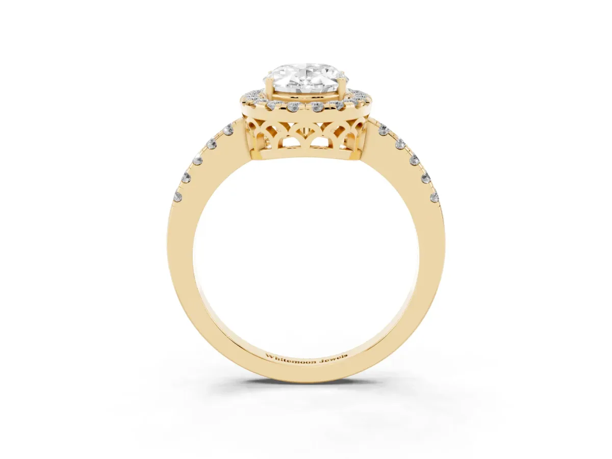 Oval Cut Halo Diamond Engagement Ring with Pavé Band and Four-Prong Setting Yellow gold
