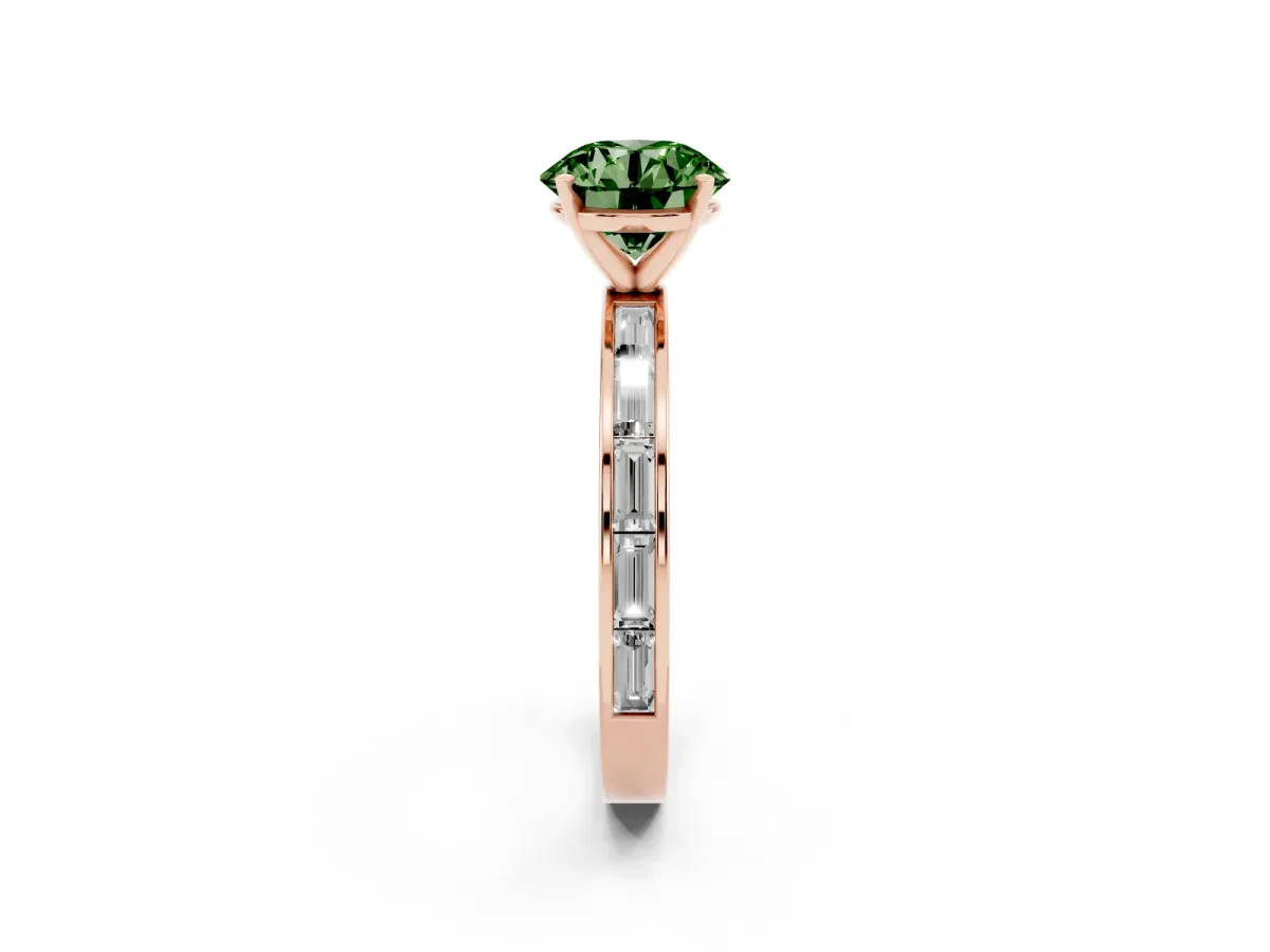 Fancy Green Round Cut Solitaire Diamond Ring with Channel-Set Baguette Band and Four-Prong Setting Rose gold