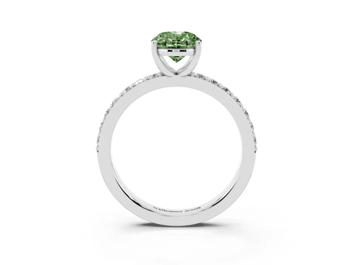 Fancy Green Oval Cut Cut Diamond Solitaire with Pave Band and Four-Prong Setting Silver