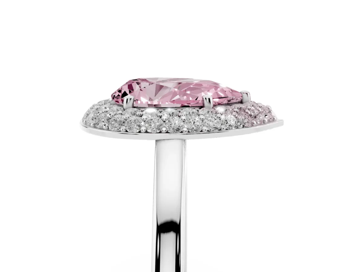Fancy Pink Pear Cut Halo Diamond Engagement Ring with Solitaire Band and Four-Prong Setting White gold