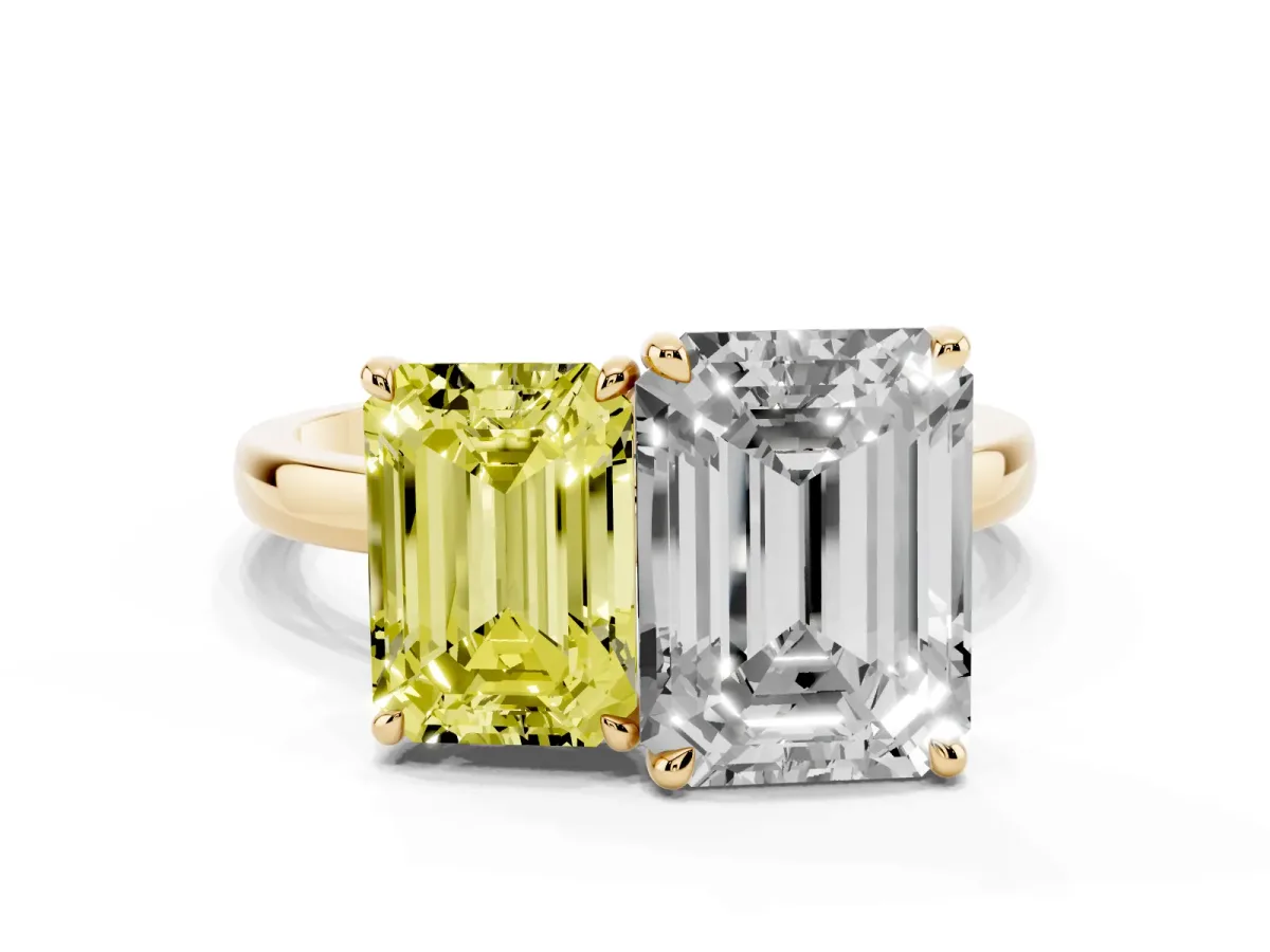 Fancy Yellow Emerald Cut and Emerald Cut Toi Moi Ring with Prong Setting Yellow gold