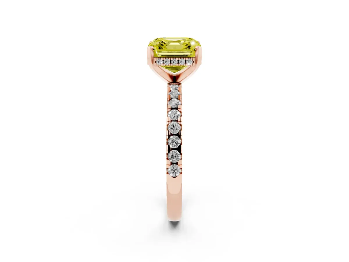 Fancy Yellow Asscher Cut Diamond Solitaire Ring with Round Pavé Band and Four-Prong Setting Rose gold