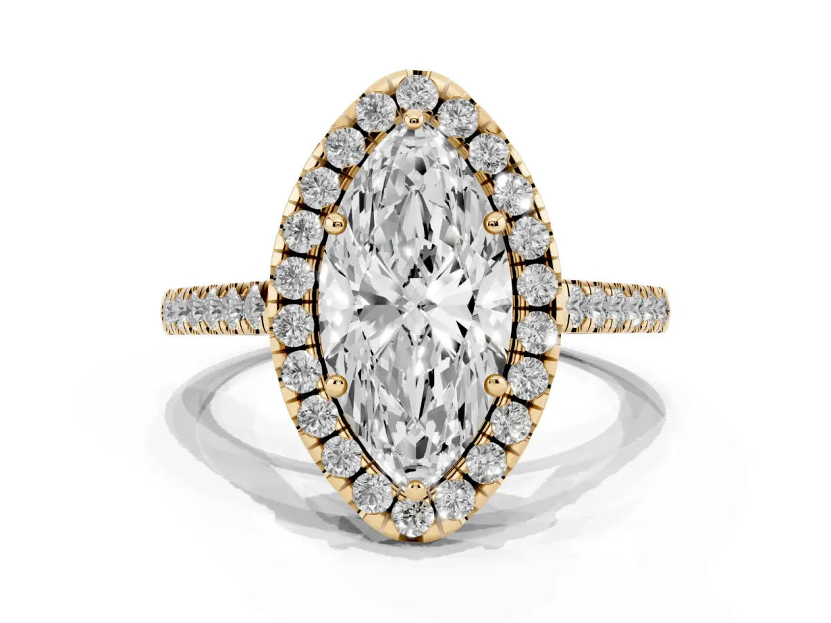 Marquise Cut Halo Pavé Diamond Engagement Ring with Four-Prong Setting Yellow gold