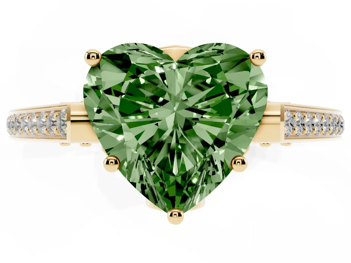 Fancy Green Heart Cut Cut Cathedral Pave Diamond Engagement Ring with Six-Prong Setting Yellow gold