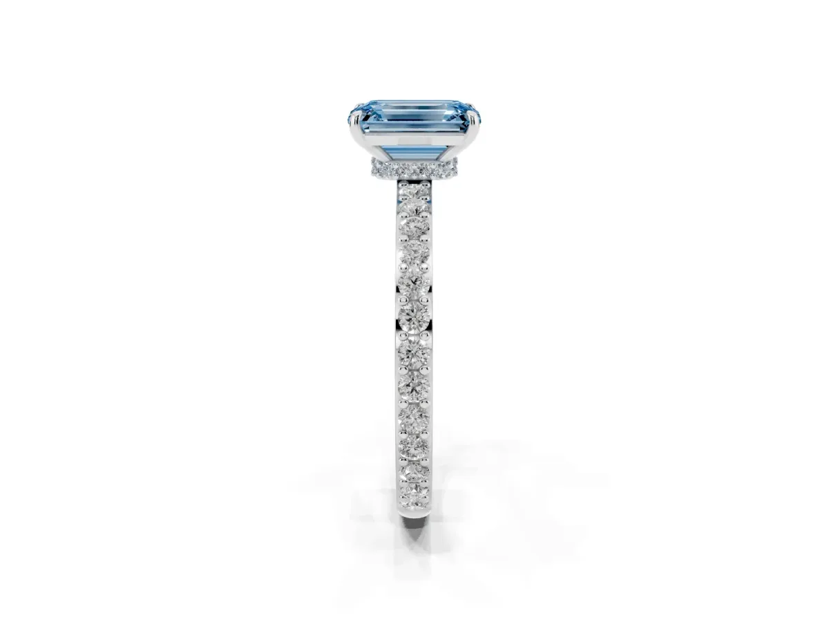 Fancy Blue Emerald Cut Diamond Solitaire Engagement Ring with Pavé Band and Four-Prong Setting Silver