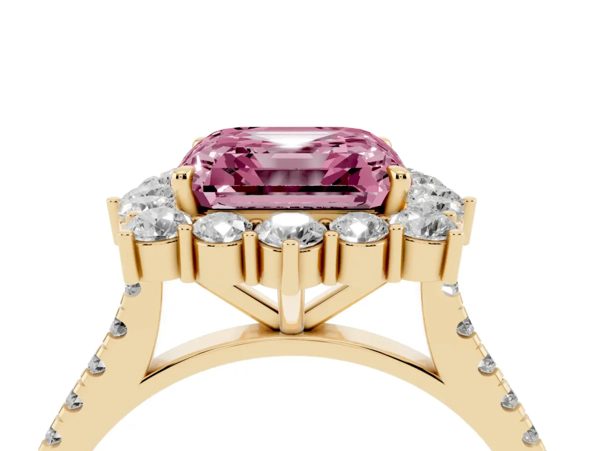 Fancy Pink Asscher Cut Halo Diamond Ring with Pavé Band and Prong Setting Yellow gold