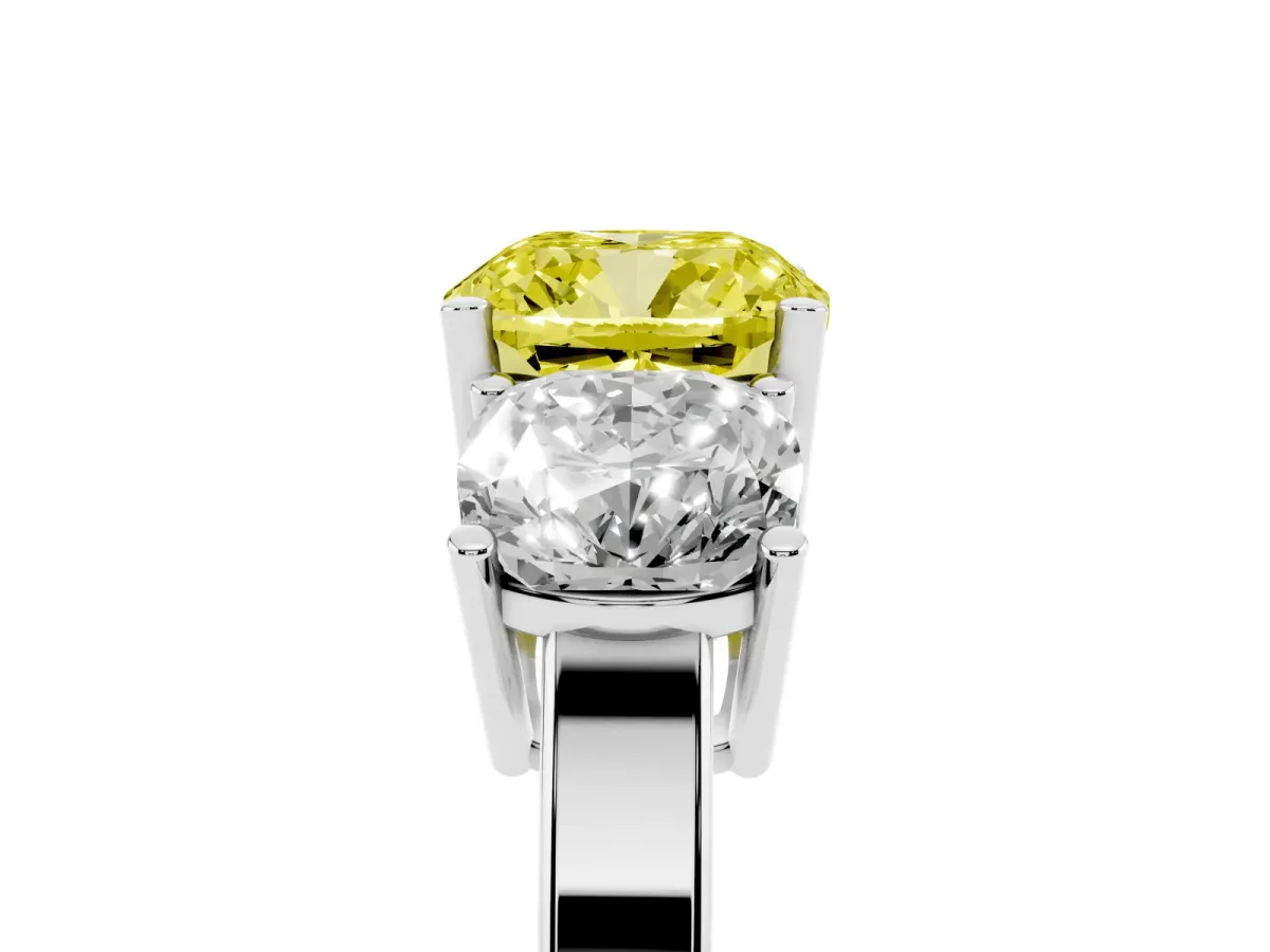 Fancy Yellow Three-Stone Cushion Cut Cut Diamond Engagement Ring with Flat Band and Four-Prong Setting Silver