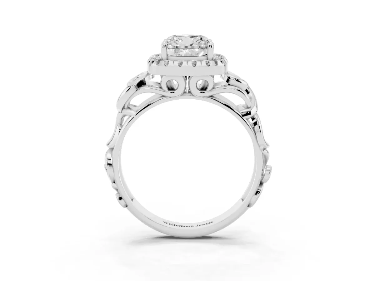 Cushion Cut Cut Halo Diamond Ring with Scrollwork Band and Four-Prong Setting Platinum
