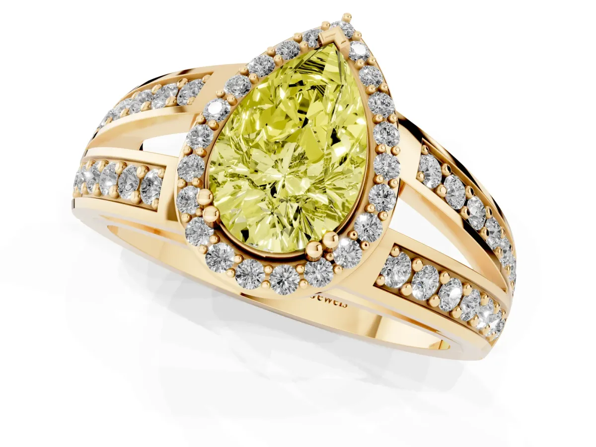 Fancy Yellow Pear Cut Diamond Halo Ring with Split Shank Pavé Band and Four-Prong Setting Yellow gold