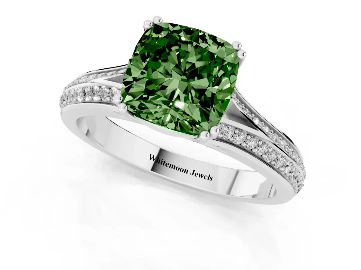 Fancy Green Cushion Cut Diamond Split Shank Engagement Ring with Pavé Band Platinum