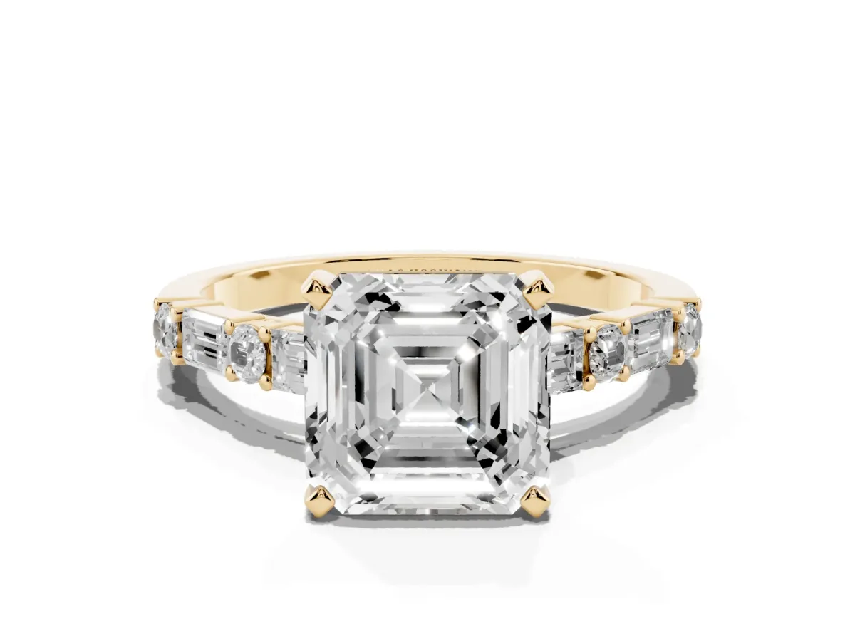 Asscher Cut Diamond Solitaire with Side Baguettes and Channel Set Band Yellow gold
