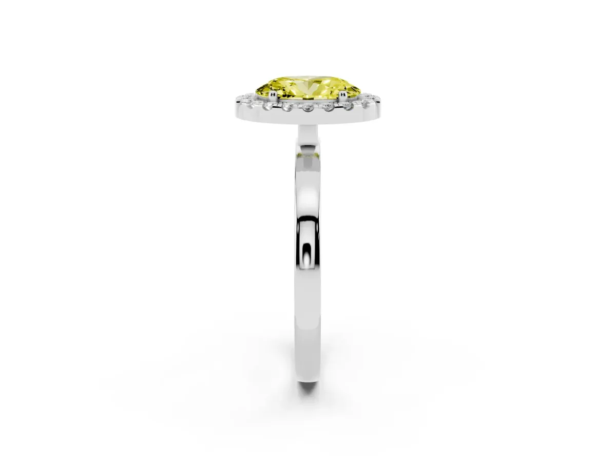 Fancy Yellow Oval Cut Halo Diamond Solitaire with Pavé Band and Four-Prong Setting Platinum