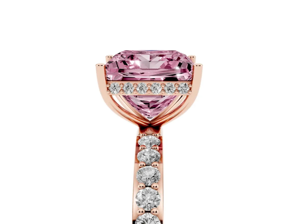 Fancy Pink Princess Cut Diamond Solitaire Ring with Pavé Band and Hidden Halo Rose gold