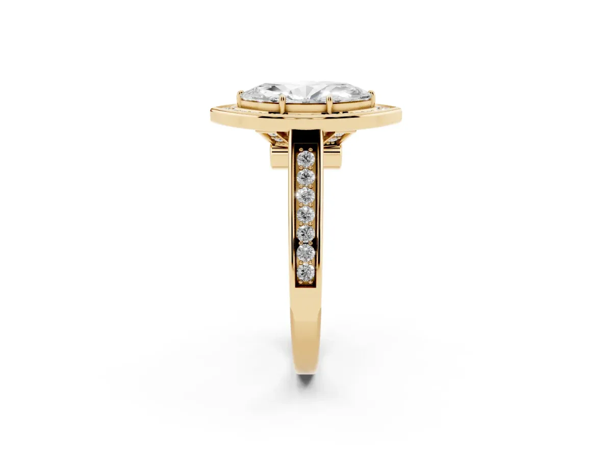 Marquise Cut Halo Solitaire Diamond Ring with Pave Band and Bezel Setting Yellow gold