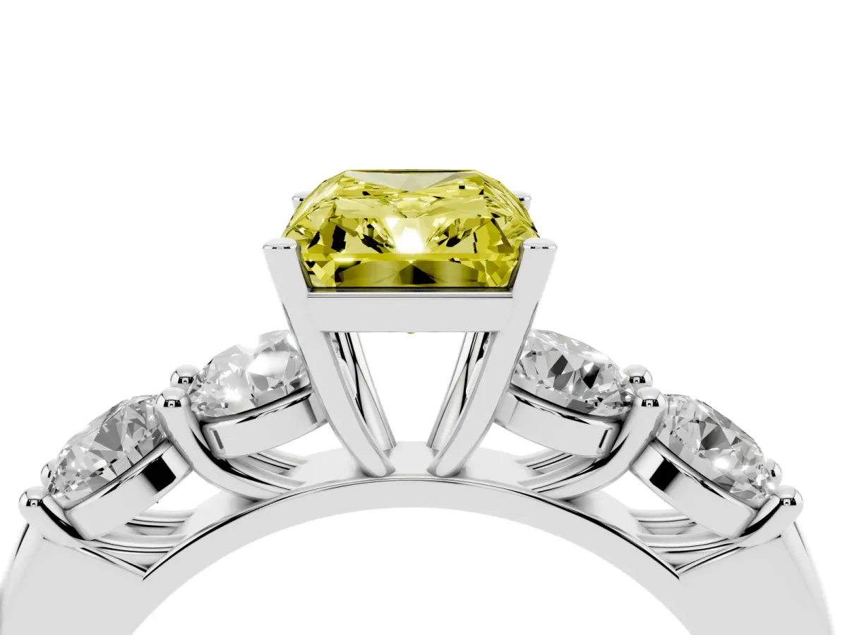 Fancy Yellow Radiant Cut Cut Five-Stone Prong Set Diamond Ring with Classic Band Silver