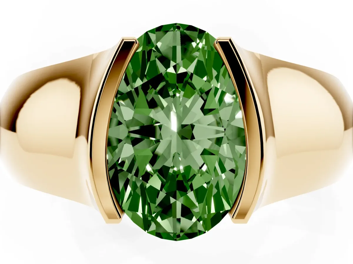 Fancy Green Oval Cut Solitaire Bezel Set Diamond Ring with Wide Band Yellow gold
