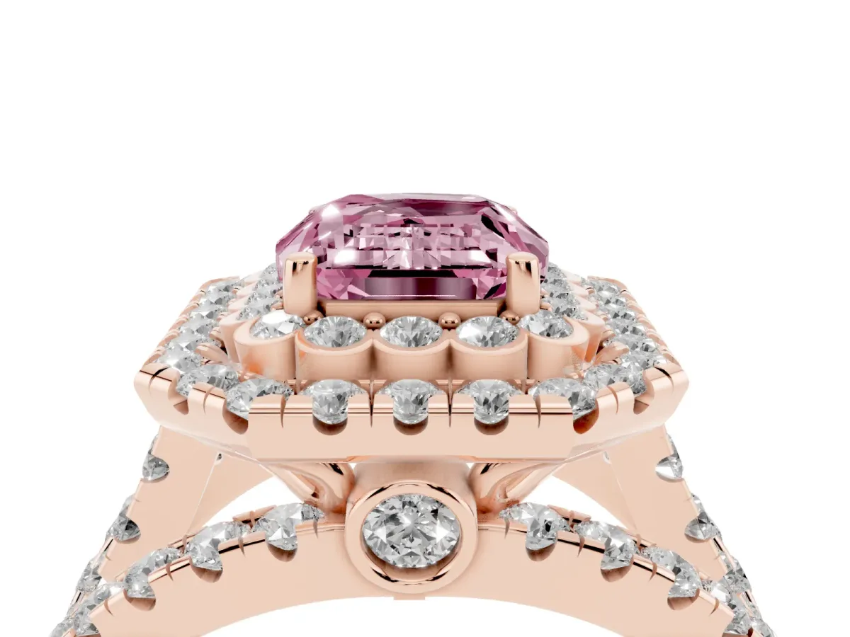 Fancy Pink Emerald Cut Diamond Double Halo Ring with Round Pavé Split Shank and Prong Setting Rose gold