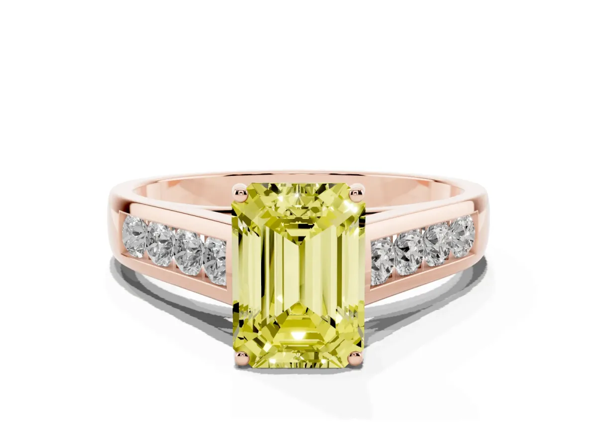 Fancy Yellow Emerald Cut Brilliant Channel-Set Solitaire Ring with Four-Prong Setting Rose gold
