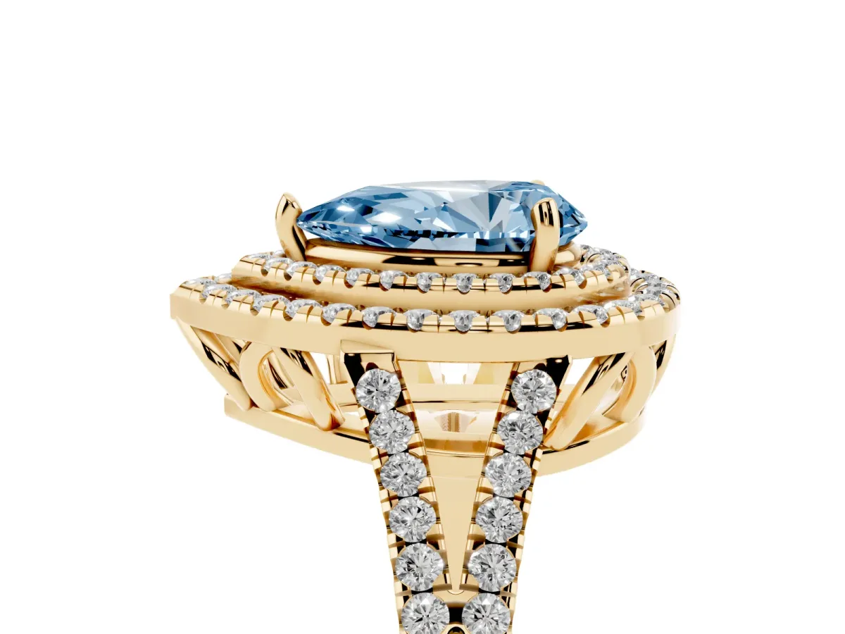 Fancy Blue Pear Cut Diamond Double Halo Ring with Pavé Band and Prong Setting Yellow gold