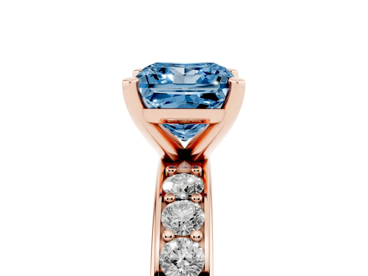 Fancy Blue Princess Cut Diamond Engagement Ring with Channel Set Round Band and Prong Setting Rose gold