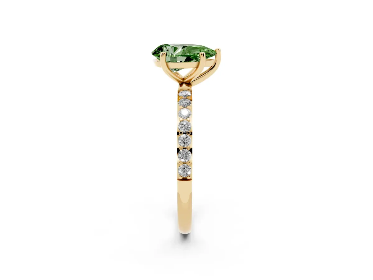 Fancy Green Pear Cut Diamond Solitaire Ring with Round Pavé Shoulders and Prong Setting Yellow gold