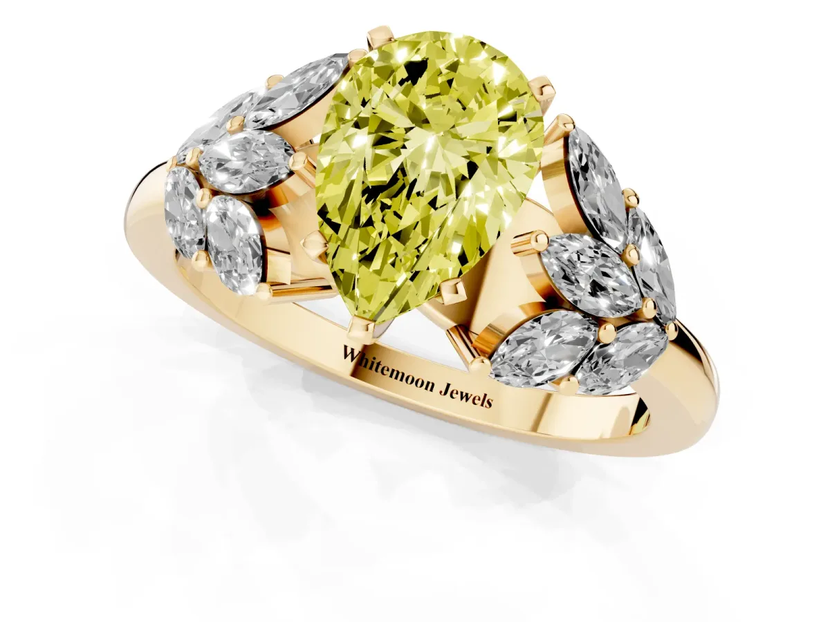 Fancy Yellow Pear Cut Diamond Cluster Leaf Design Ring with Prong Setting Yellow gold