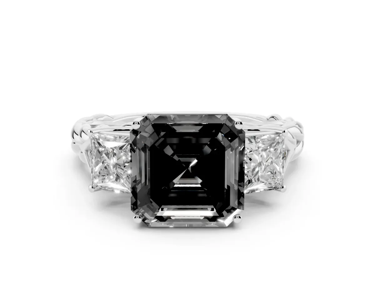 Fancy Black Three-Stone Asscher Cut Diamond Braided Band Ring with Four-Prong Setting Silver
